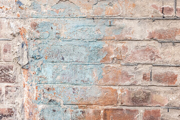 Red, White, Green, Pink, Paint, Mold, Wall Background. Old Grungy Brickwork Horizontal Texture. Brickwall Backdrop. Structure With Broken Stucco And Plaster.