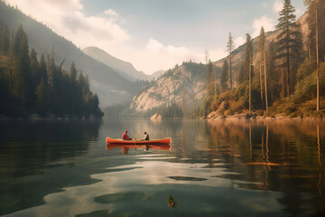 Calm boat floating on lake, mountain landscape. Generative AI