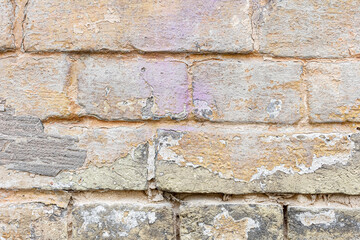 Red, White, Green, Pink, Paint, Mold, Wall Background. Old Grungy Brickwork Horizontal Texture. Brickwall Backdrop. Structure With Broken Stucco And Plaster.