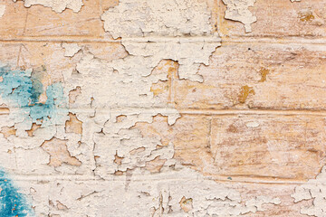 Red, White, Green, Pink, Paint, Mold, Wall Background. Old Grungy Brickwork Horizontal Texture. Brickwall Backdrop. Structure With Broken Stucco And Plaster.