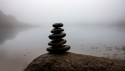 zen balancing pebbles next to a misty lake