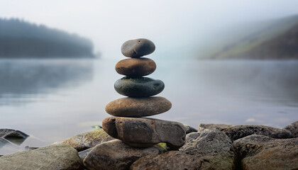 zen balancing pebbles next to a misty lake