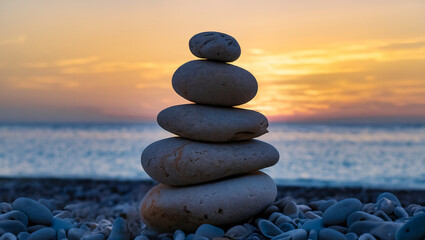 zen stones balanced on the beach with copy space sunrise light meditation and relaxation