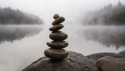 zen balancing pebbles next to a misty lake
