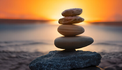 zen stones on the beach sunset