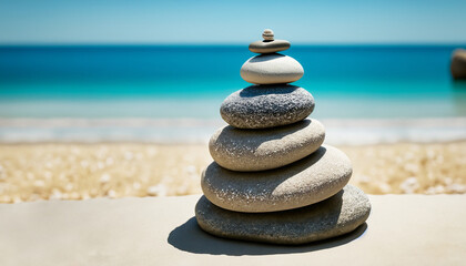 Fototapeta na wymiar pyramid zen stones on the sea beach
