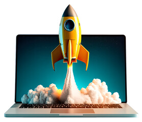 Digital illustration of laptop and rocket, PNG transparent background. Generative AI	 - obrazy, fototapety, plakaty