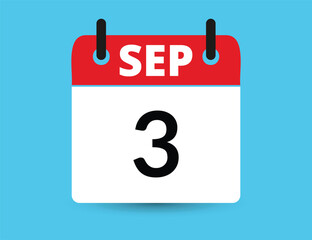 September 3. Flat icon calendar isolated on blue background. Date and month vector illustration -