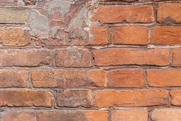 Red, White, Green, Pink, Paint, Mold, Wall Background. Old Grungy Brickwork Horizontal Texture. Brickwall Backdrop. Structure With Broken Stucco And Plaster.