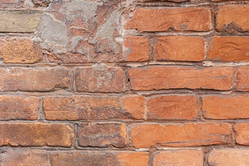 Red, White, Green, Pink, Paint, Mold, Wall Background. Old Grungy Brickwork Horizontal Texture. Brickwall Backdrop. Structure With Broken Stucco And Plaster.