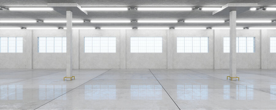 Free industrial building or modern factory for the production of a manufacturing plant or a large warehouse, polished concrete floor clean and a place to display industrial products 