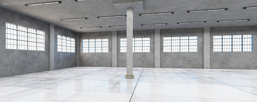 Building Modern Factory Production Manufacturing Plant Large Warehouse Polished Concrete Floor Industrial Product Display Space Industrial Background. Free Industrial Futuristic garage. 3D rendering.