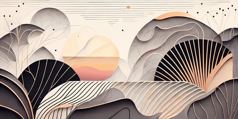 Modern abstract background. Abstract landscape with mountains and sun. Interior art design. Generative AI