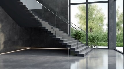 Modern elegant U shape black cement stone stair landin.Generative AI
