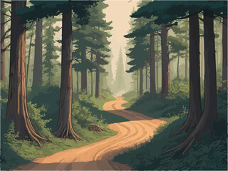 A painting of a road running through a forest flanked by rocks and trees. landscape forest.