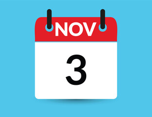 November 3. Flat icon calendar isolated on blue background. Date and month vector illustration