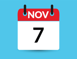 November 7. Flat icon calendar isolated on blue background. Date and month vector illustration