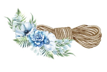 Watercolor floral rope. Western rope with blue flowers. Farmhouse ructick wedding.