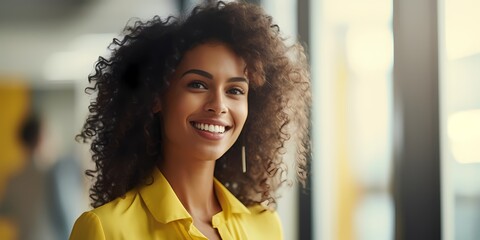 smiling business woman with modern yellow outfit, office, business woman