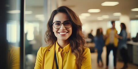 smiling business woman with modern yellow outfit, office, business woman - obrazy, fototapety, plakaty