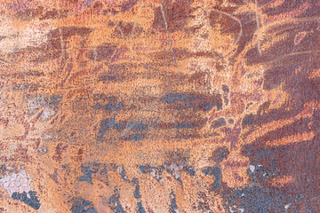 Aged copper plate texture with color patina stains. Old worn metal background. Oxidized metal....