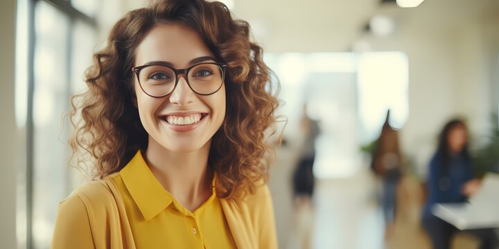 smiling business woman with modern yellow outfit, office, business woman