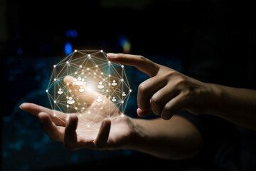 man use tablet and smartphone with cloud computing diagram show on hand. cloud technology. data storage. networking and internet service concept.