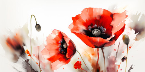 Red blooming poppy flowers in watercolor painting style. Generative AI.