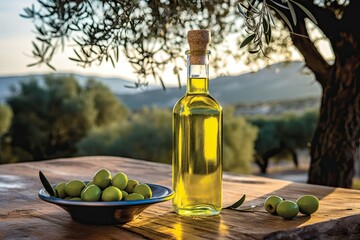 A bottle of olive oil with olives on the table against the backdrop of an olive plantation.