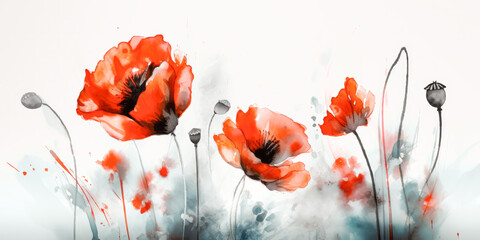 Red blooming poppy flowers in watercolor painting style. Generative AI.
