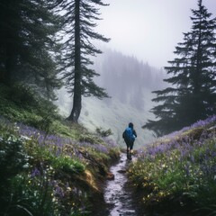 Obraz premium Trailblazer's View: Walking Behind in The Mountains