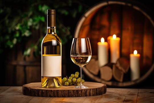 Bottle of white wine with filled glass on wine barrels with burning candles background.