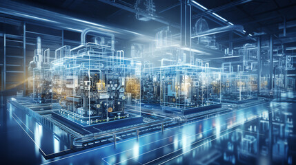 Industry 4.0 smart factory interior showcases advanced automation, machinery, and robotics in a futuristic industrial setting. Innovation, engineering, and interconnected systems.ai generative