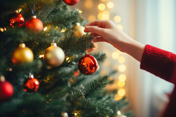 hand decorates christmas tree at home, winter holidays. ai generative
