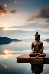 Meditating buddha statue on the sunset