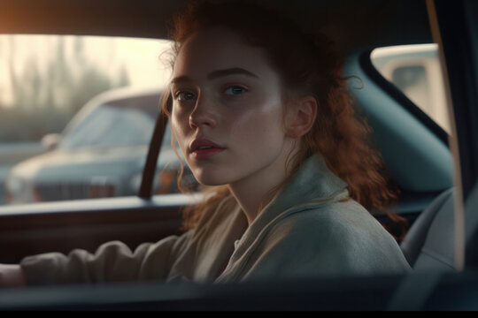 Portrait of girl in car. generative ai, ai