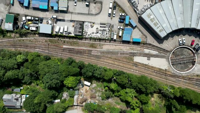 4k aerial footage of the St Blazey Roundhouse and Engine Sheds in Cornwall, UK