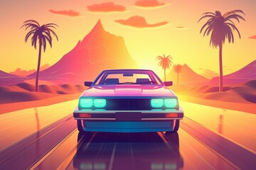 Retro car sunset. Generate Ai