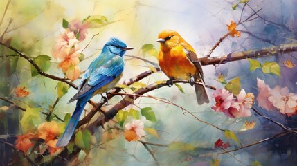 A symphony of birdsong fills the air as vibrant avian creatures flit among dense treetops. Their melodies harmonizing with the rustling leaves. Watercolor Painting. Generative AI