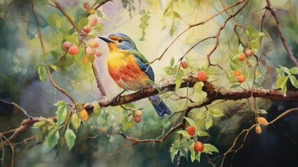 Fototapeta premium A symphony of birdsong fills the air as vibrant avian creatures flit among dense treetops. Their melodies harmonizing with the rustling leaves. Watercolor Painting. Generative AI