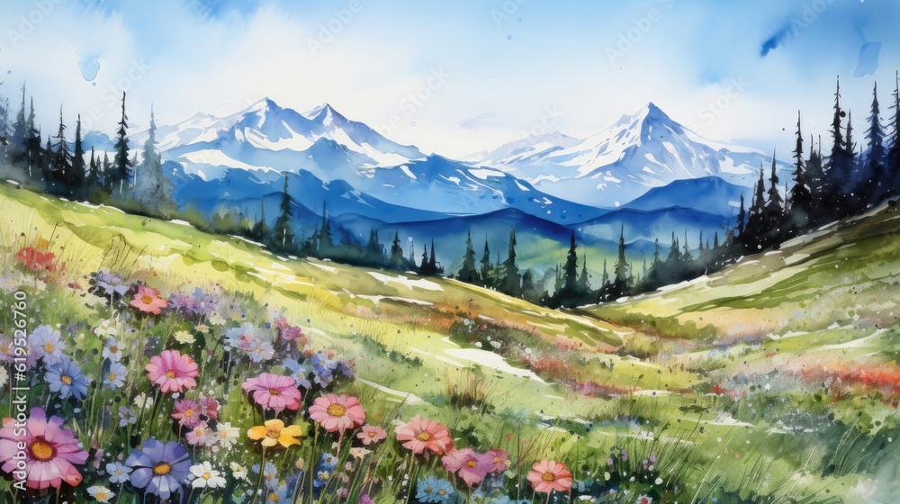 Canvas Prints Alpine meadows awaken with the arrival of spring. A carpet of blooming wildflowers painting the landscape with a riot of colors and fragrances. Watercolor Painting. Generative AI