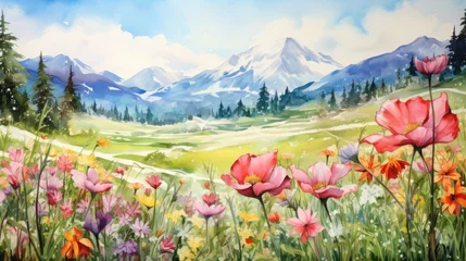 Papier Peint photo Lavable Pool Alpine meadows awaken with the arrival of spring. A carpet of blooming wildflowers painting the landscape with a riot of colors and fragrances. Watercolor Painting. Generative AI