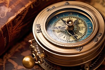 Antique Brass Compass on Aged Leather-Bound Book