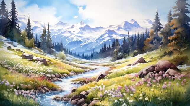 Alpine meadows awaken with the arrival of spring. A carpet of blooming wildflowers painting the landscape with a riot of colors and fragrances. Watercolor Painting. Generative AI