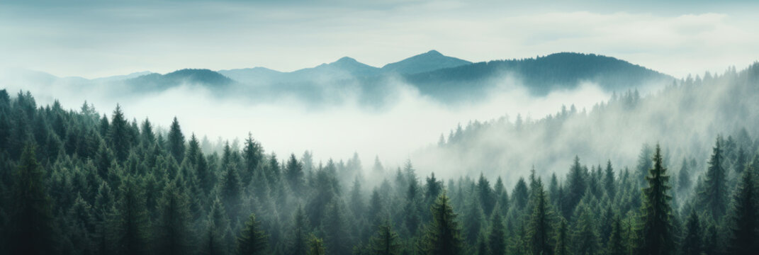 nature banner of misty morning landscape with mountains, forest and trees