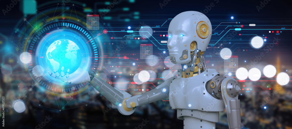 Aufkleber humanoid robot presses the button on the digital screen. future concept. robot cybernetic organism w