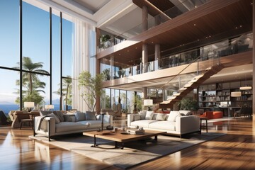 Beautiful living room interior in new luxury home, dining room, and wall of windows with amazing exterior.