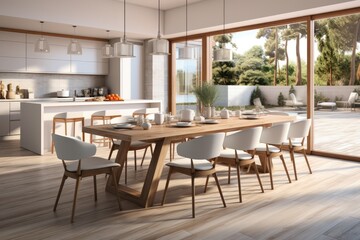 Fototapeta na wymiar Stylish kitchen interior with wooden table and chairs, Stylish kitchen interior, Scandinavian dining room.