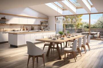 Obraz premium Stylish kitchen interior with wooden table and chairs, Stylish kitchen interior, Scandinavian dining room.
