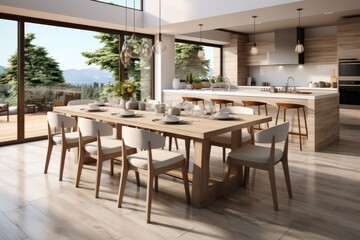 Fototapeta na wymiar Stylish kitchen interior with wooden table and chairs, Stylish kitchen interior, Scandinavian dining room.